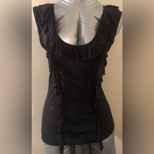 Free People XS Black Scoop Neck Semi Sheer Ruffle & Braid Detail Cap Sleeve Top